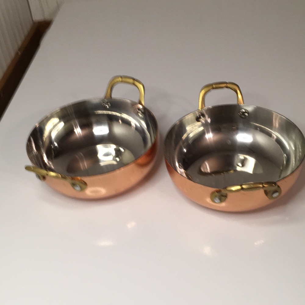 Decorative Copper Plated Stainless Bowls With Brass Handles Set of 2